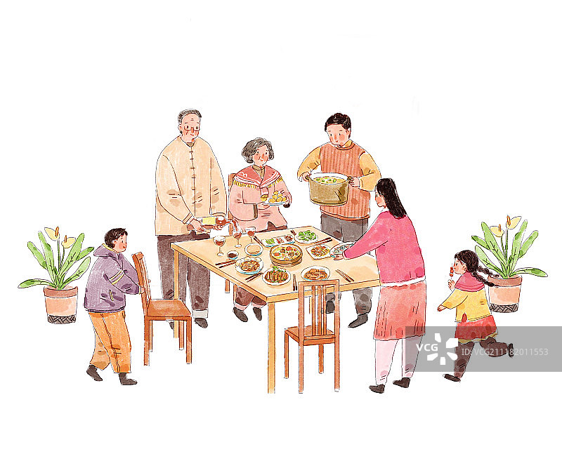 一家人吃饭水彩插画图片素材