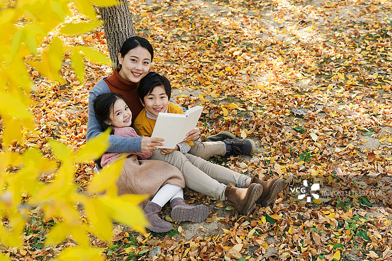妈妈和孩子在树下看书图片素材