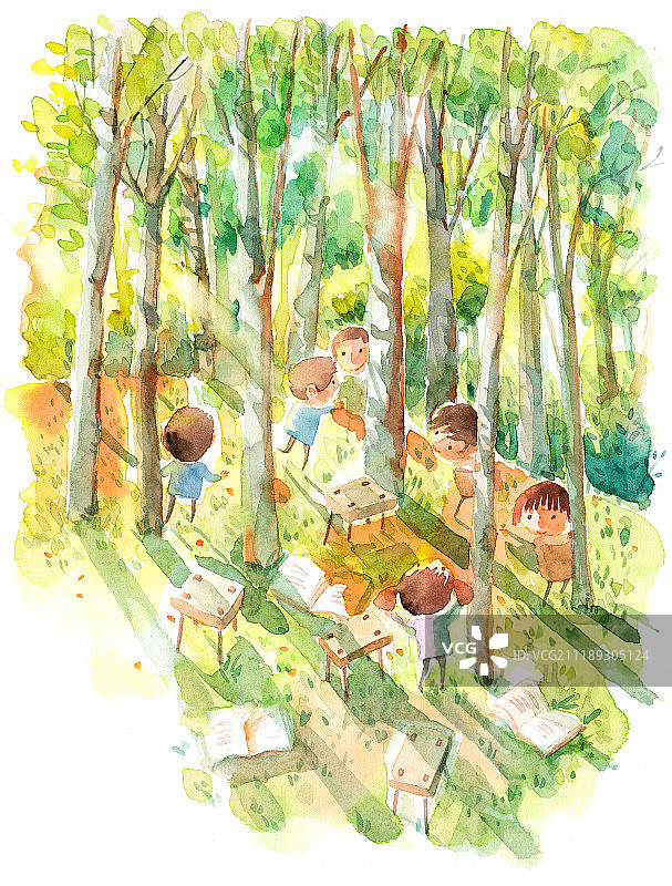树林里阅读的孩子们图片素材