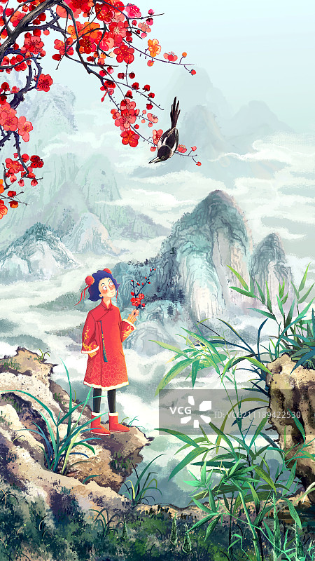 中国风山顶红梅下的女孩图片素材