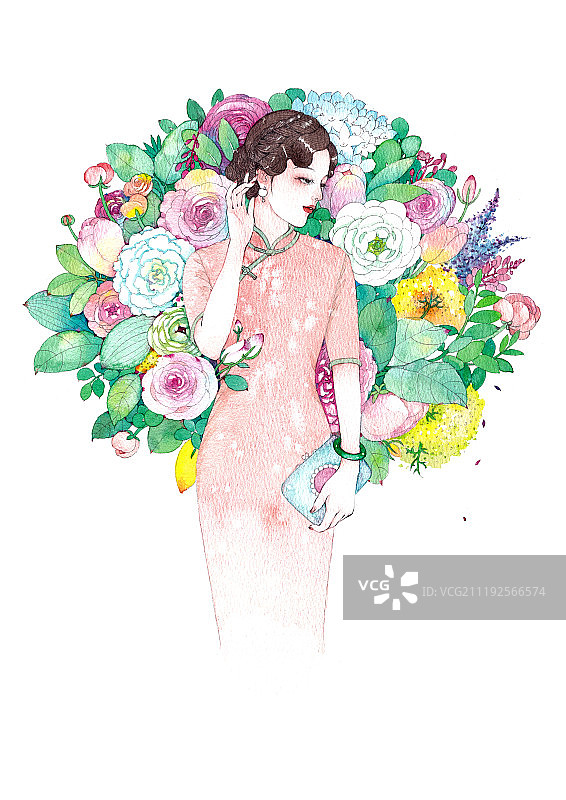 民国旗袍美女与花朵图片素材