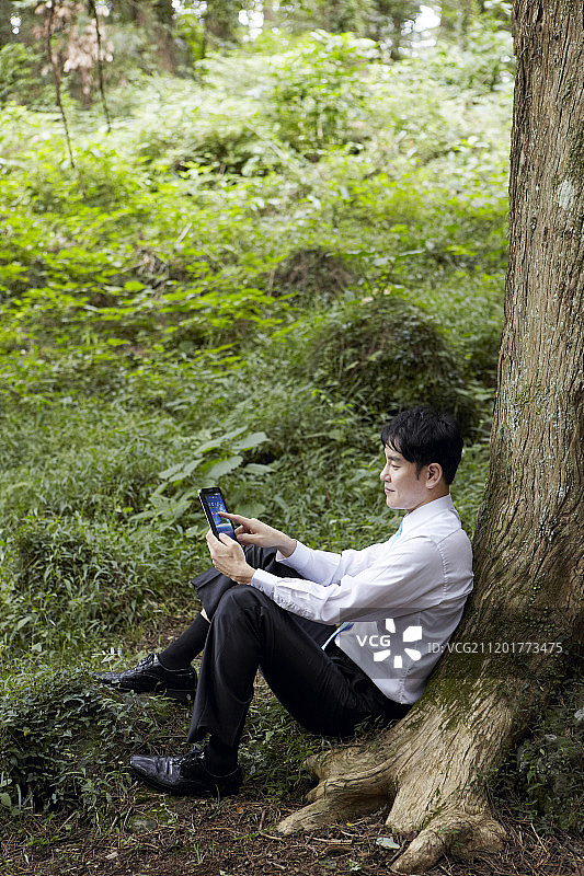 商人坐在靠在树上工作与数字平板电脑在森林里的摄影图片素材