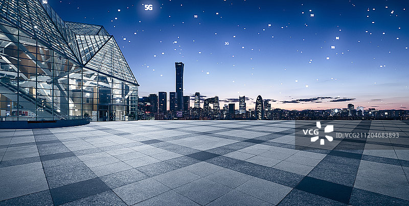 5G概念的北京CBD和广场地面光效果图片素材