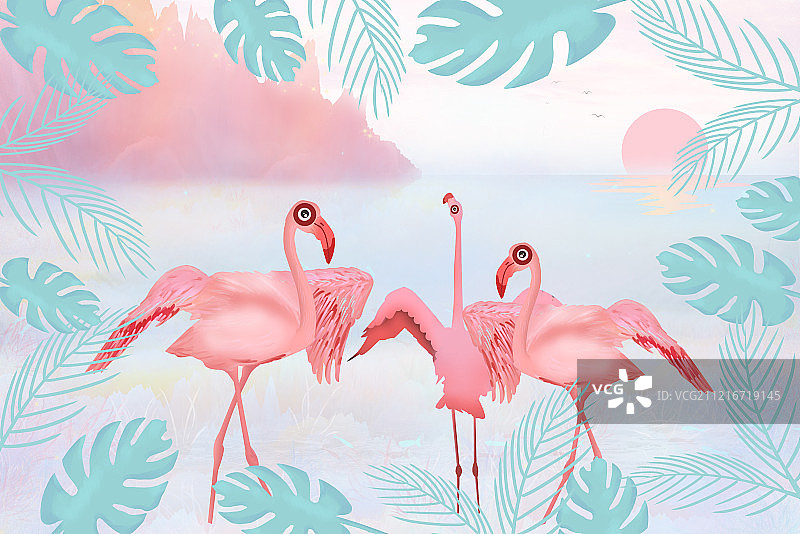 夏天粉色火烈鸟在美丽沙滩上散步，太阳从大海升起插画背景海报图片素材