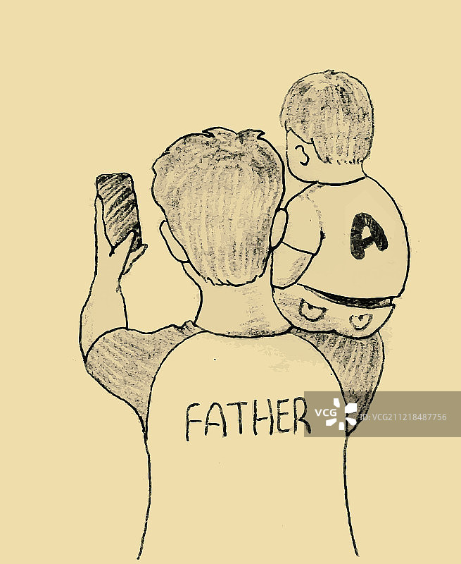父亲节手绘铅笔插画 父亲抱着儿子自拍图片素材