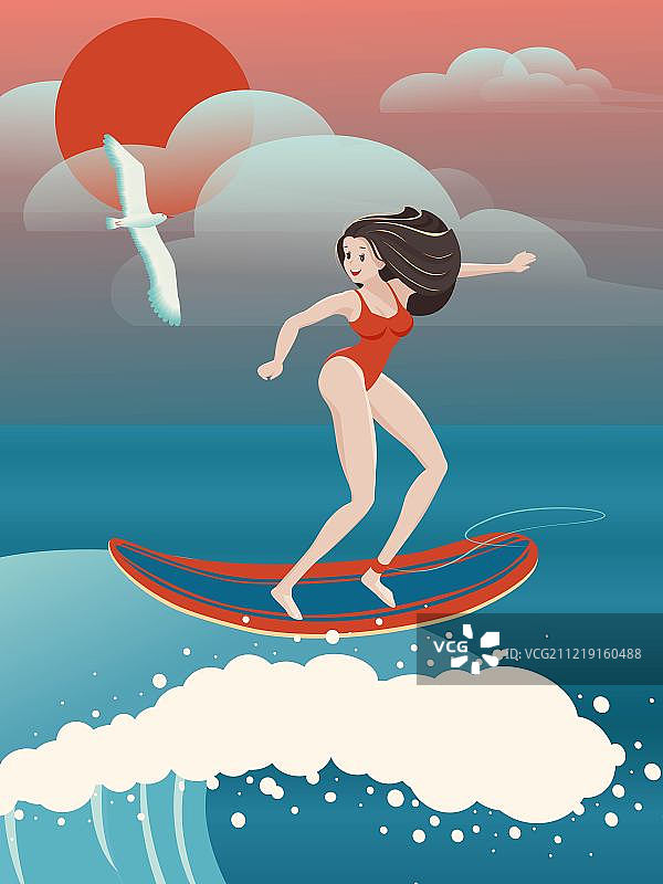 冲浪女孩与海鸥矢量图图片素材