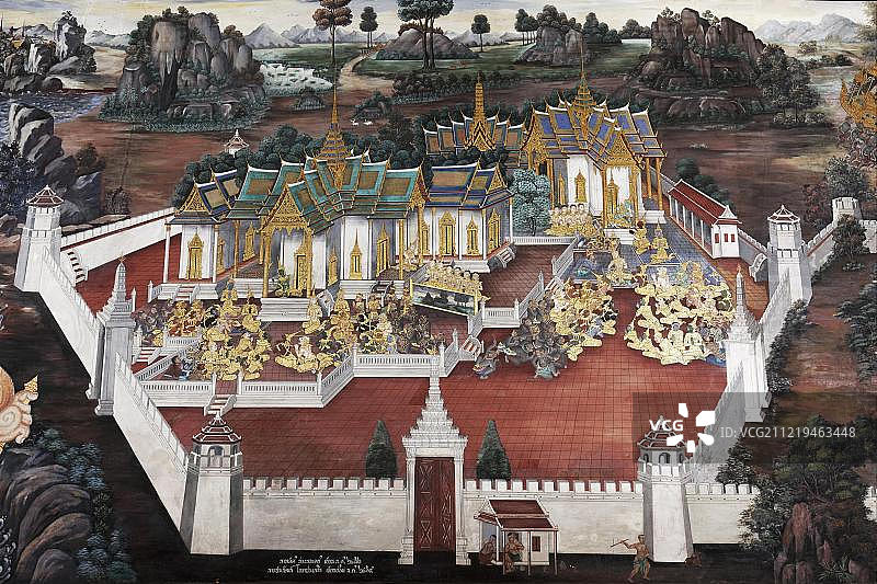 佛教寺庙与场景从拉马基亚，Wat Phra Kaeo壁画，Ko Ratanakosin，曼谷，泰国，亚洲图片素材