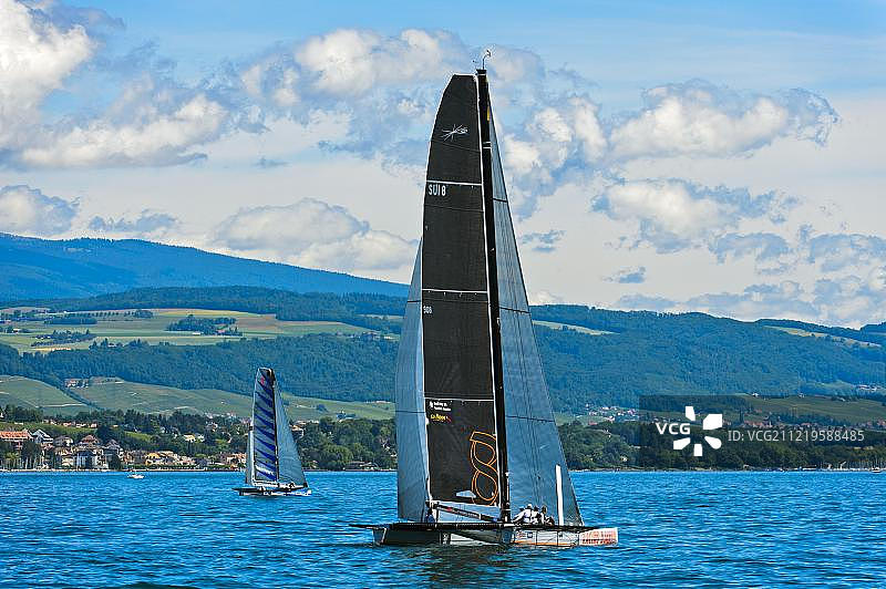 赛艇姜戈在日内瓦湖，沃，瑞士，欧洲图片素材