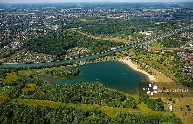 Seepark Lunen与达特尔-哈姆运河，鲁能，鲁尔区，北莱茵-威斯特伐利亚，德国，欧洲图片素材