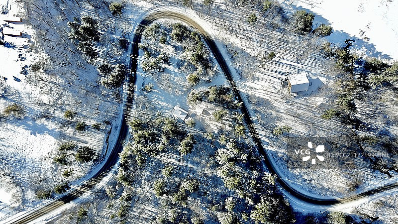 鸟瞰图一个弯曲的乡村道路在雪图片素材