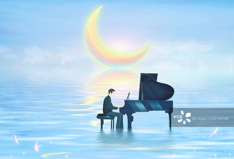 月亮躺在海平面上发出光茫，音乐家在海边弹奏钢琴插画背景海报图片素材