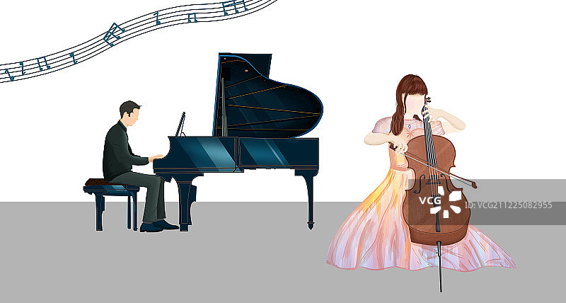 美丽少女在舞台上演奏大提琴，小伙子在弹钢琴插画纯白色背景元素图片素材