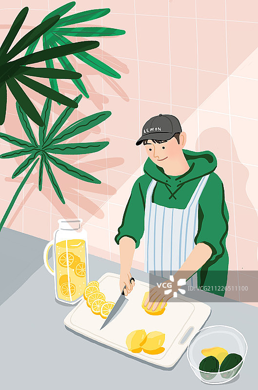 在厨房做柠檬水的男孩插画图片素材
