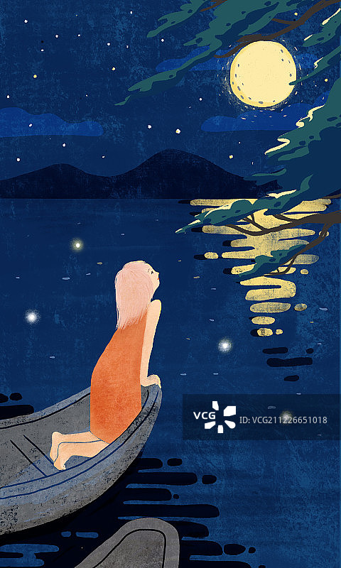 中秋节在船上看月亮的女孩插画图片素材