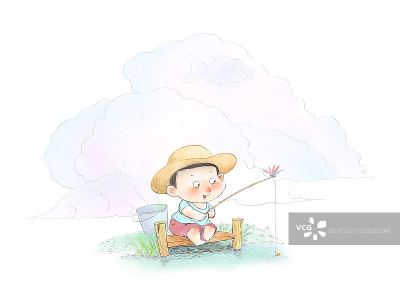 暑假小孩河边钓鱼蜻蜓立钓竿背景朵朵云彩色插画图片素材