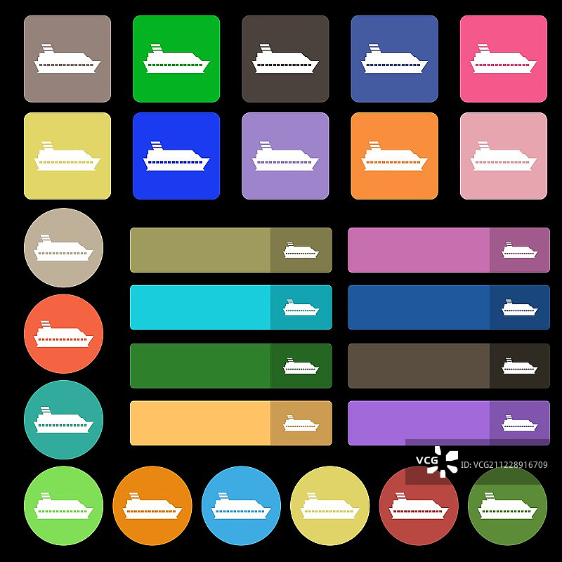 邮轮海船图标标志。由27个彩色平面按钮设置。向量图片素材