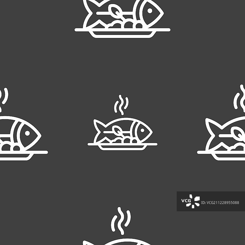 热鱼烧烤标志。灰色背景上的无缝模式。向量图片素材