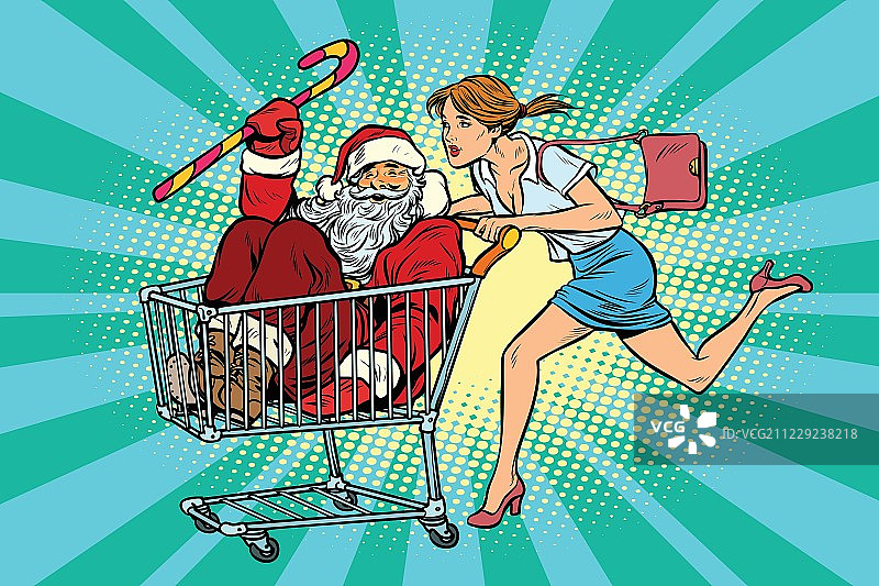 圣诞节销售。女人买了圣诞老人。购物车的控制图片素材