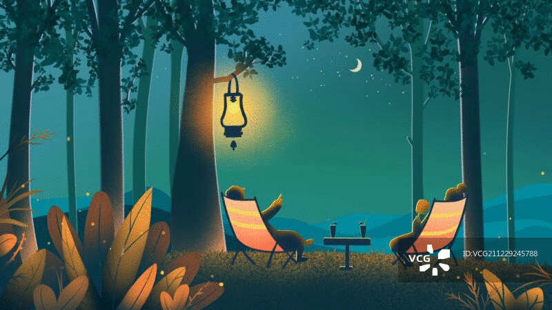 萤火虫夜晚树下乘凉的情侣插画动图图片素材