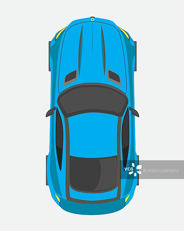 蓝色跑车，顶视图在平坦的风格孤立的白色背景图片素材