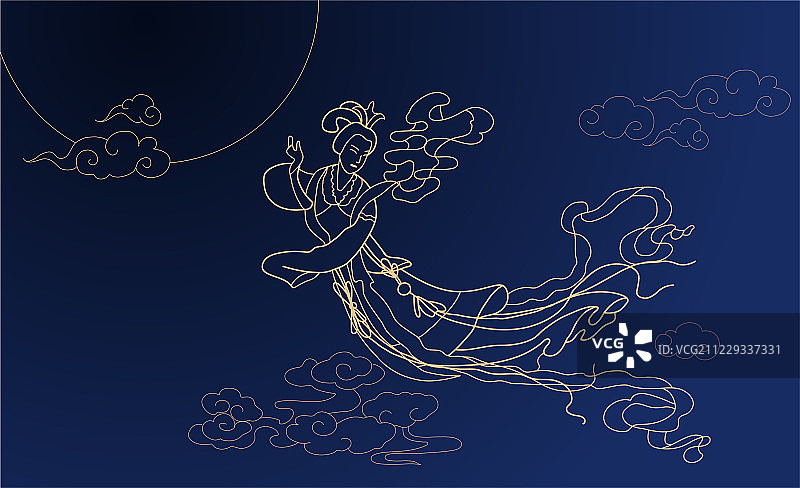 嫦娥奔月传统云纹——矢量白描线稿图片素材