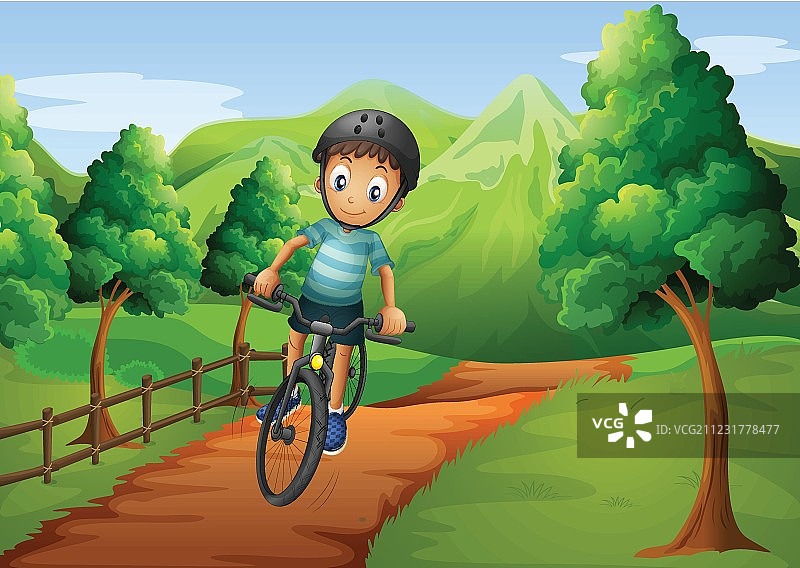 一个男孩骑自行车去农场图片素材