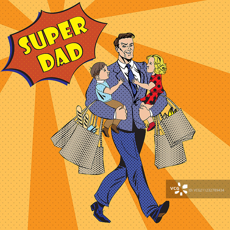 超级奶爸手上抱着孩子，拎着购物袋图片素材
