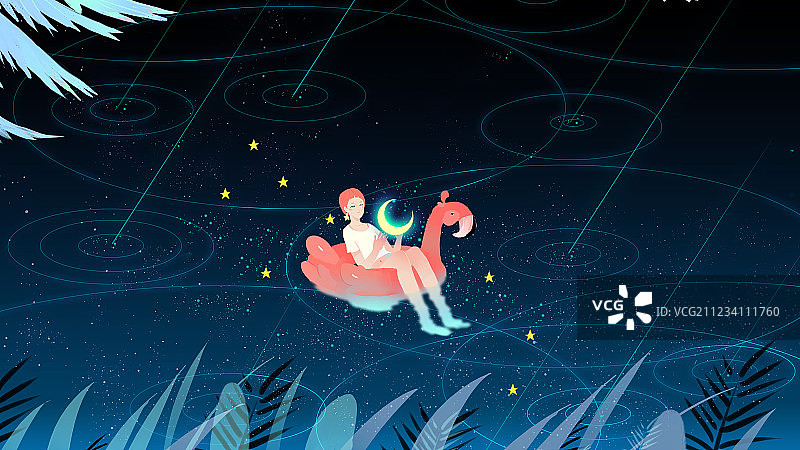 夜晚，倒影着星空的水面上捧着月亮的女孩坐在火烈鸟泳圈上，流星图片素材