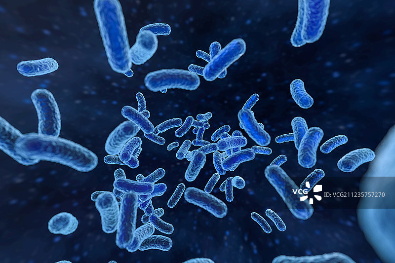 蓝色背景下表面细节丰富的细菌病毒，三维渲染图片素材