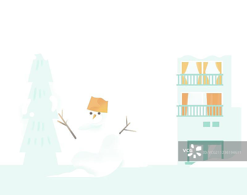 有雪人和楼房的下雪场景元素插画图片素材