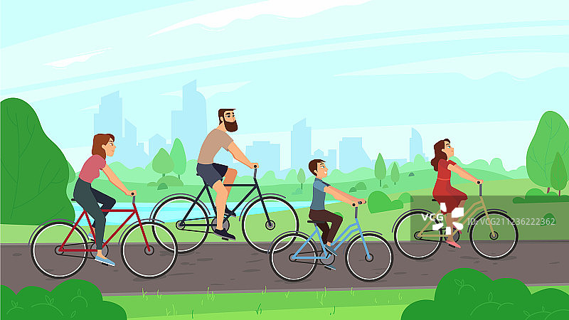 快乐的年轻家庭在公园骑自行车图片素材