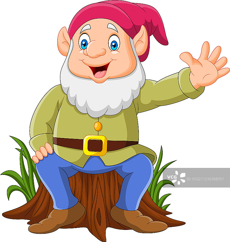 卡通快乐的小矮人坐在树桩上图片素材
