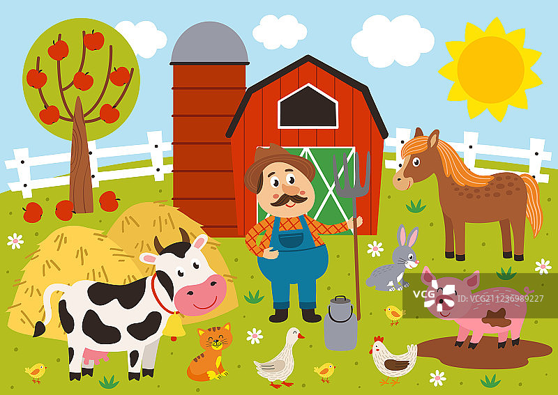 农民和家畜在谷仓的院子里图片素材