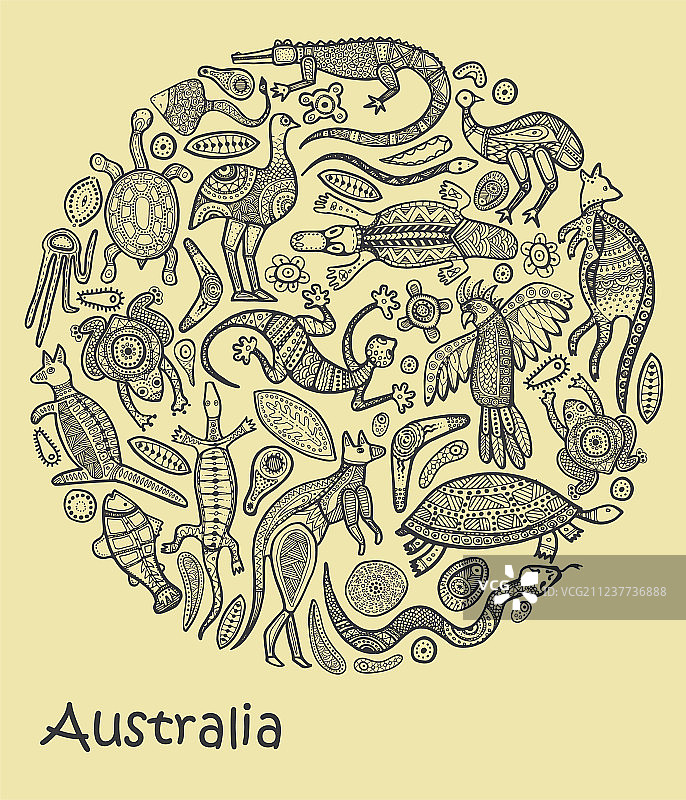 动物们以澳洲土著的风格绘画图片素材