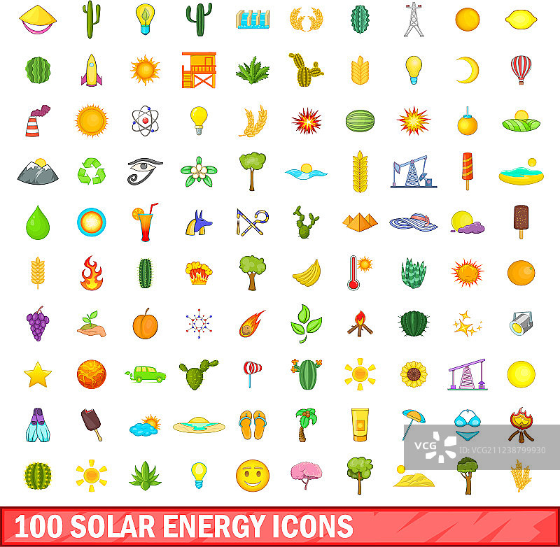 100个太阳能图标设置卡通风格图片素材