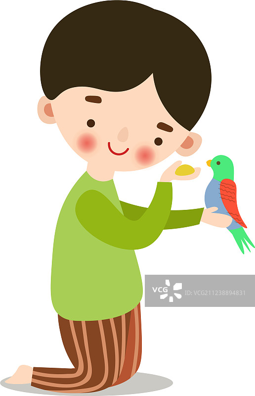 可爱的小男孩用鸟食喂鸟图片素材