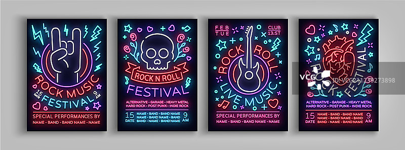 摇滚节日的海报在霓虹灯风格图片素材