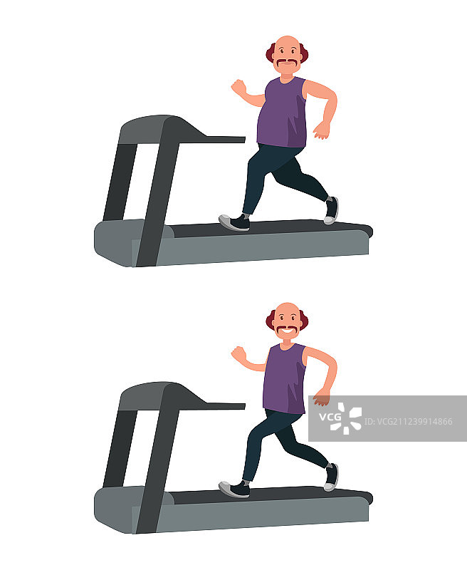 一个胖子在跑步机上跑步并减肥图片素材