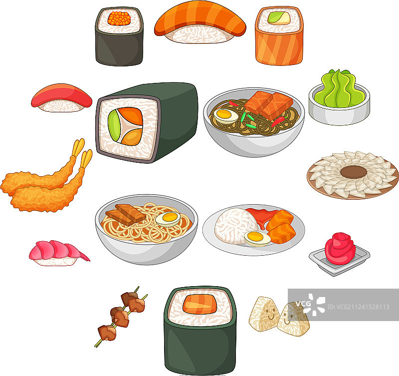 日本美食图标设置卡通风格图片素材