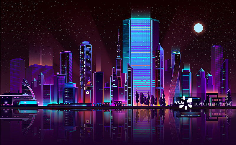 都市夜晚天际线霓虹彩色卡通图片素材