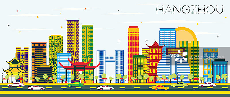 杭州中国天际线与彩色建筑图片素材
