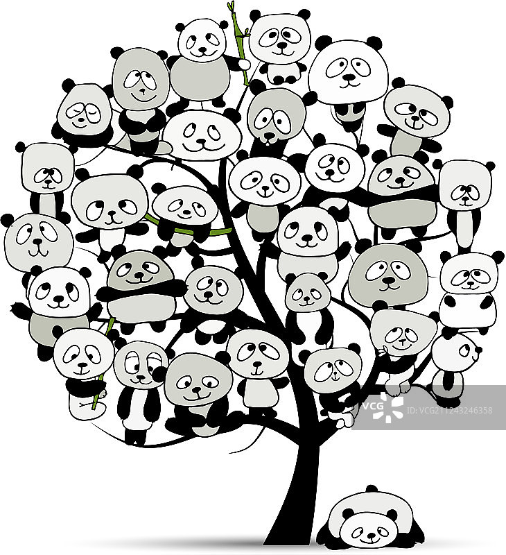 树与有趣的熊猫草图为您的设计图片素材