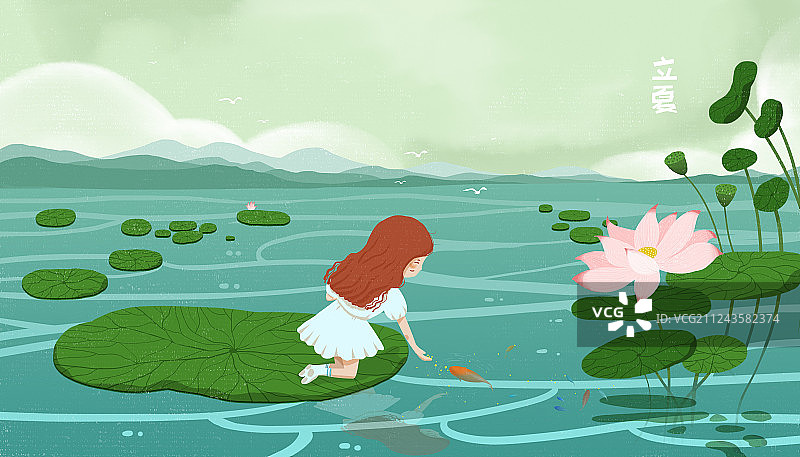 二十四节气立夏插画 湖水边在荷叶上喂鱼的女孩图片素材