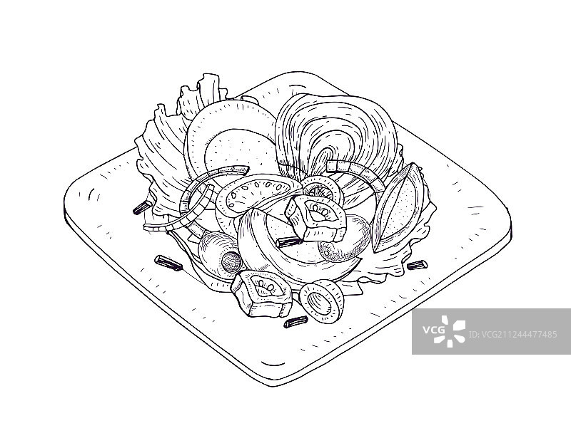 开胃沙拉与蔬菜和鱼在盘子里图片素材