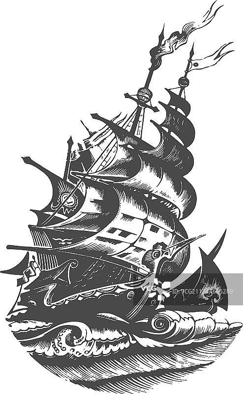 手工绘制的古帆船标志图片素材