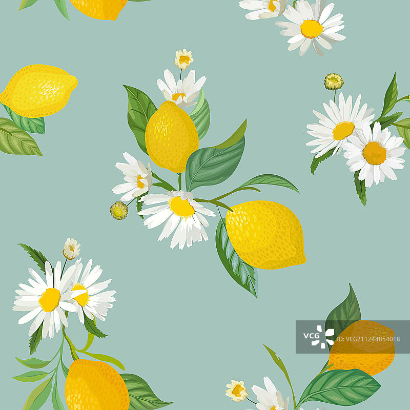 无缝柠檬图案与热带水果叶图片素材