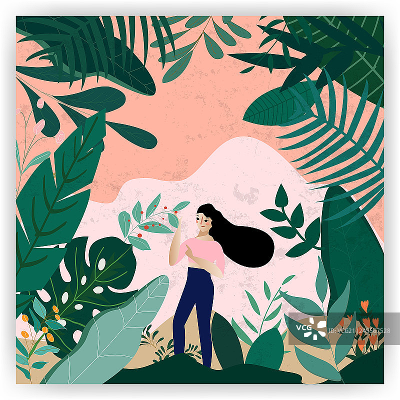 可爱的女孩在植物森林背景卡图片素材