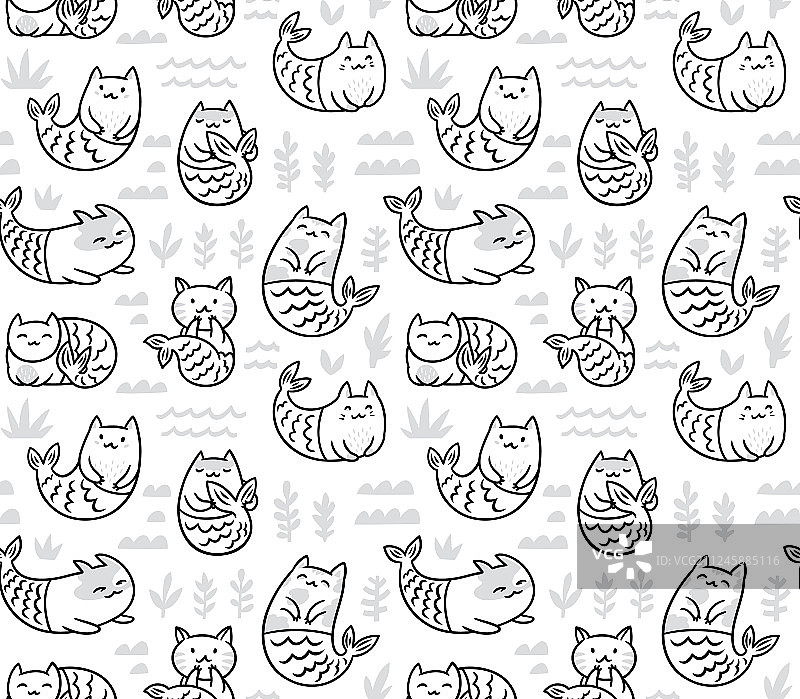 墨水无缝图案与可爱的猫美人鱼在图片素材