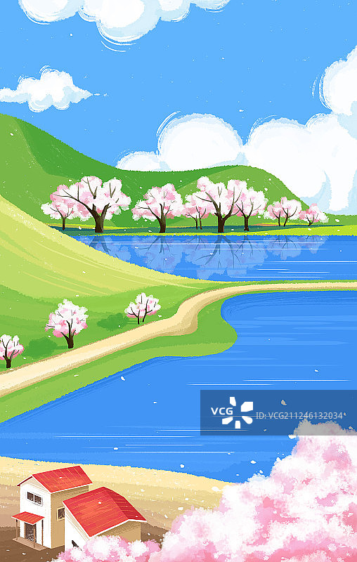 风景插画初夏的湖边青青的山图片素材