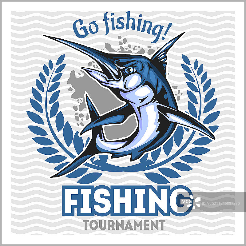 渔徽与蓝色马林鱼徽章和设计图片素材